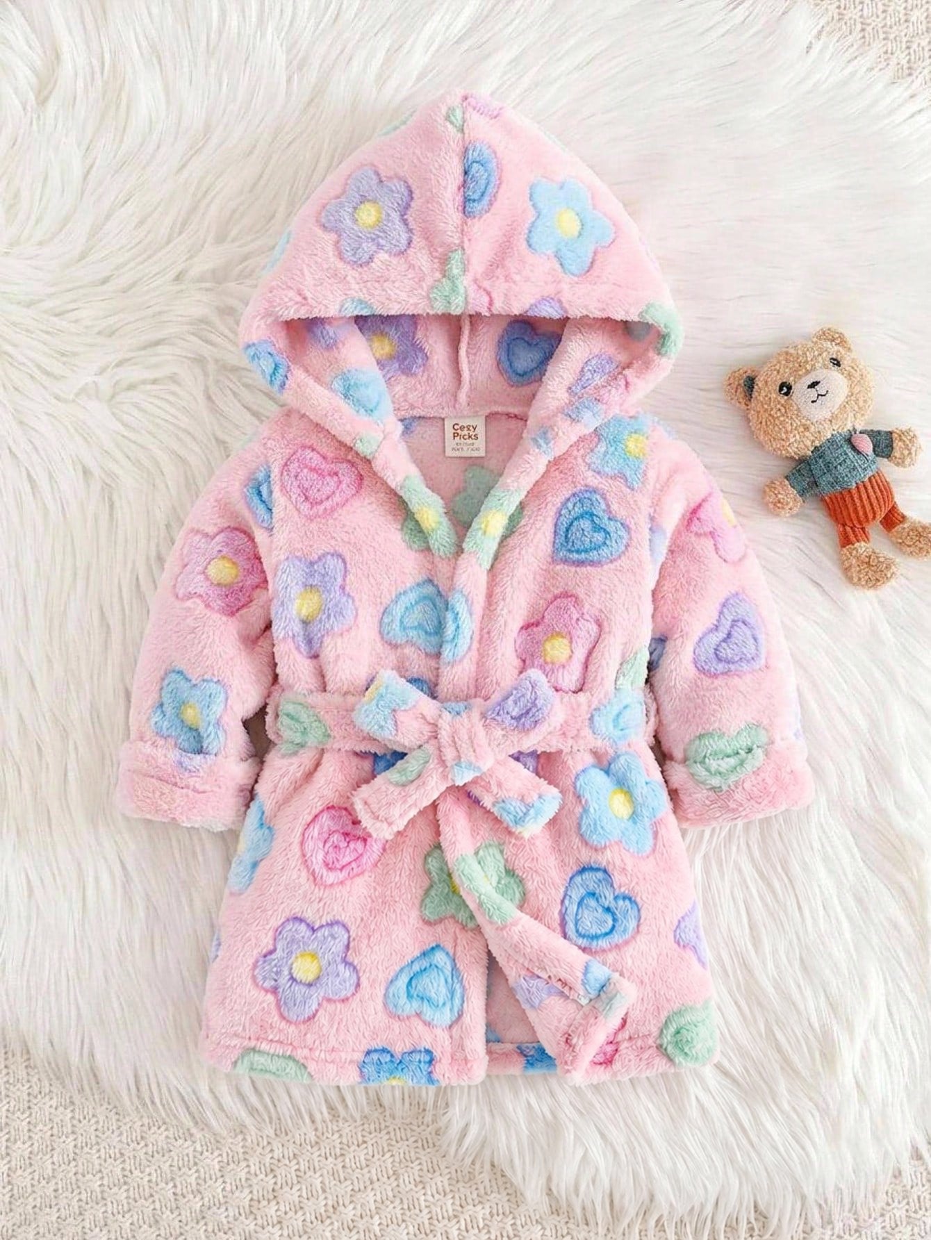 Roupão Bebê Menina com Capuz Fleece Urso e Floral 004 Roupão Menina 01 Kabannas 