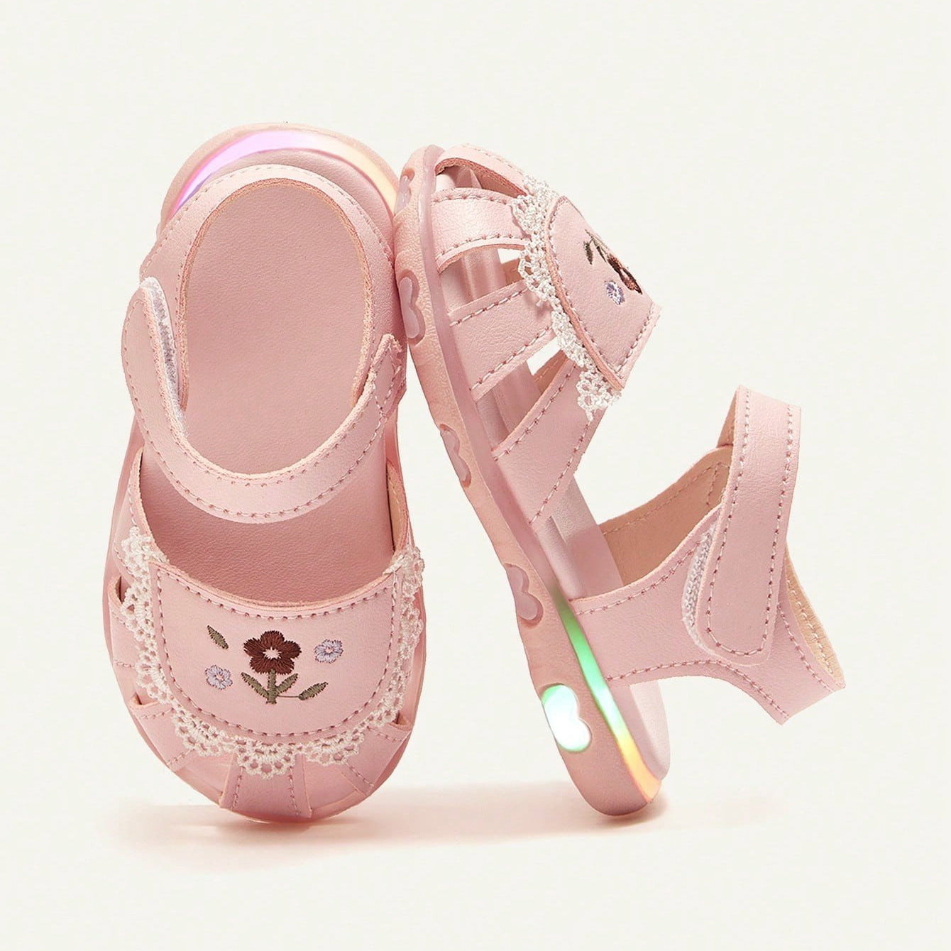 Sandália Bebê Menina Fechada com Luz LED Bordado Floral Renda Velcro 002 Sandália Infantil 17 Kabannas Rosa 18 