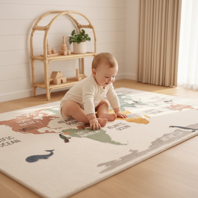 Tapete Infantil Mapa Múndi com Animais Antiderrapante Tapete Infantil 04 Kabannas 