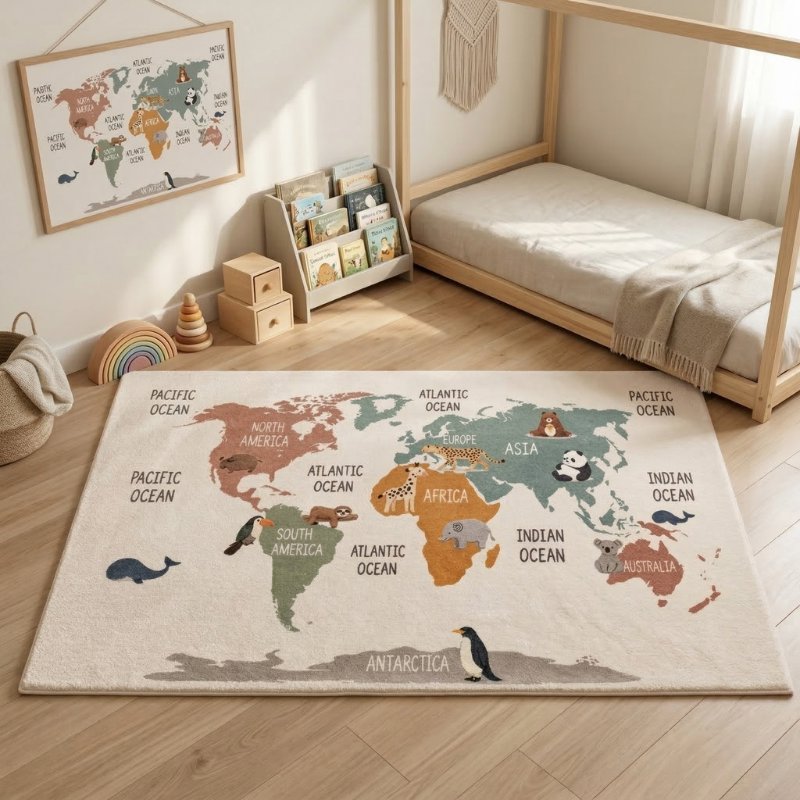 Tapete Infantil Mapa Múndi com Animais Antiderrapante Tapete Infantil 04 Kabannas 