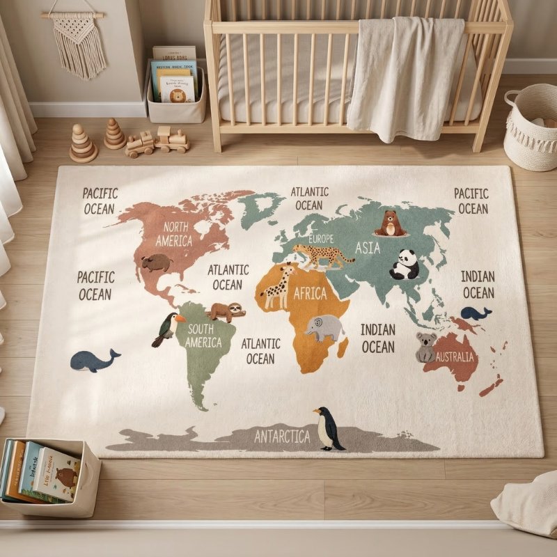 Tapete Infantil Mapa Múndi com Animais Antiderrapante Tapete Infantil 04 Kabannas 80x120 