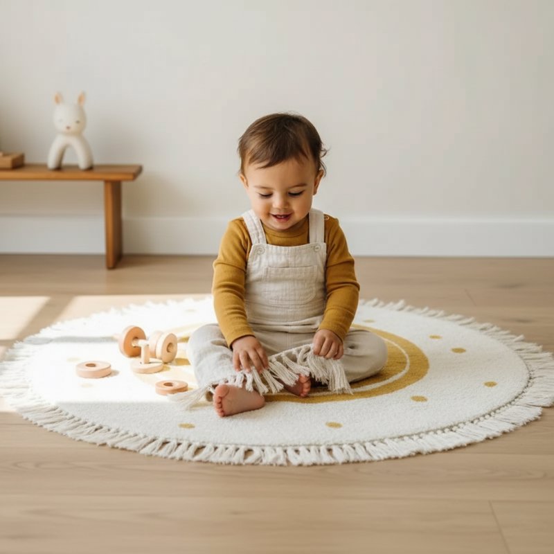 Tapete Infantil Redondo Bege com Borla Antiderrapante Tapete Infantil 16 Kabannas 