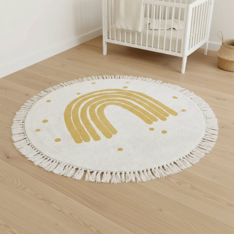 Tapete Infantil Redondo Bege com Borla Antiderrapante Tapete Infantil 16 Kabannas Bege 80 cm 