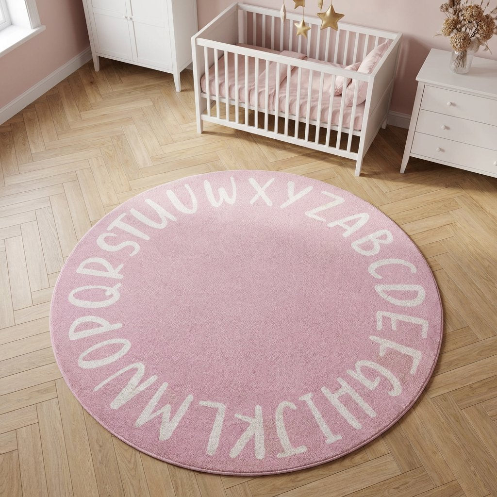 Tapete Infantil Redondo Macio Alfabeto Rosa Tapete Infantil 15 Kabannas Rosa e branco 80x80 