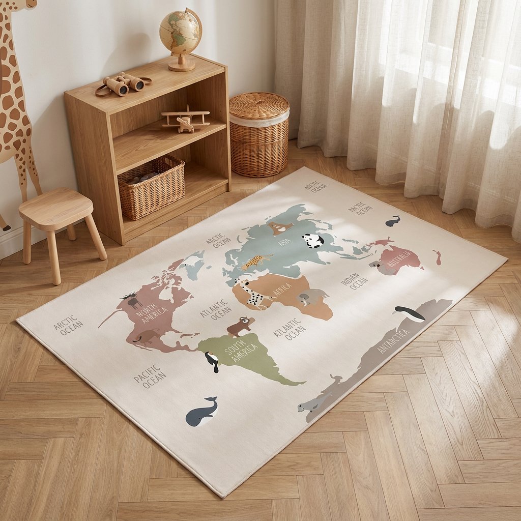 Tapete Infantil Retangular Mapa Mundi Safari Montessori Tapete Infantil 20 Kabannas Bege 80x120 
