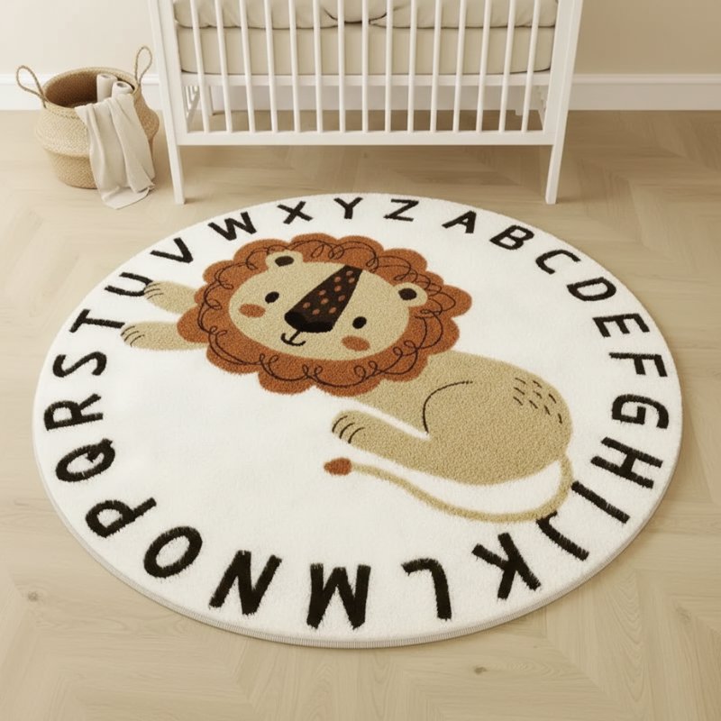 Tapete Leão Infantil Redondo para Quarto Tapete Infantil 13 Kabannas Leão com alfabeto 80x80 