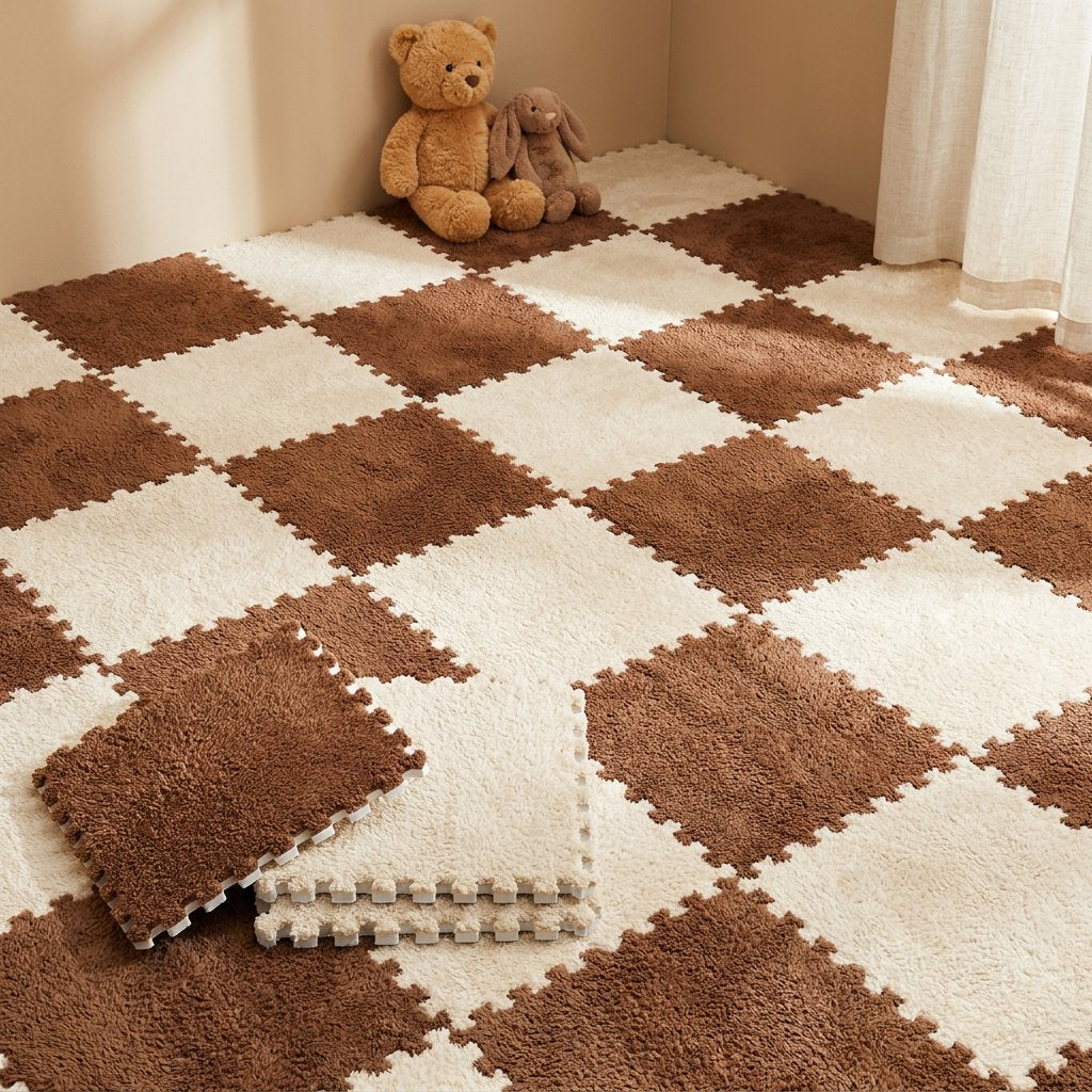 Tapete Modular Encaixe Puzzle Kit 20 Peças Pelúcia Macia Antiderrapante Lavável Tapete de Atividades 01 Kabannas Marrom / Bege 