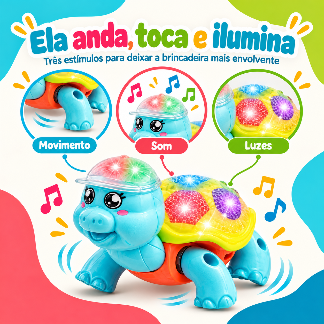 Tartaruga interativa que anda toca e ilumina