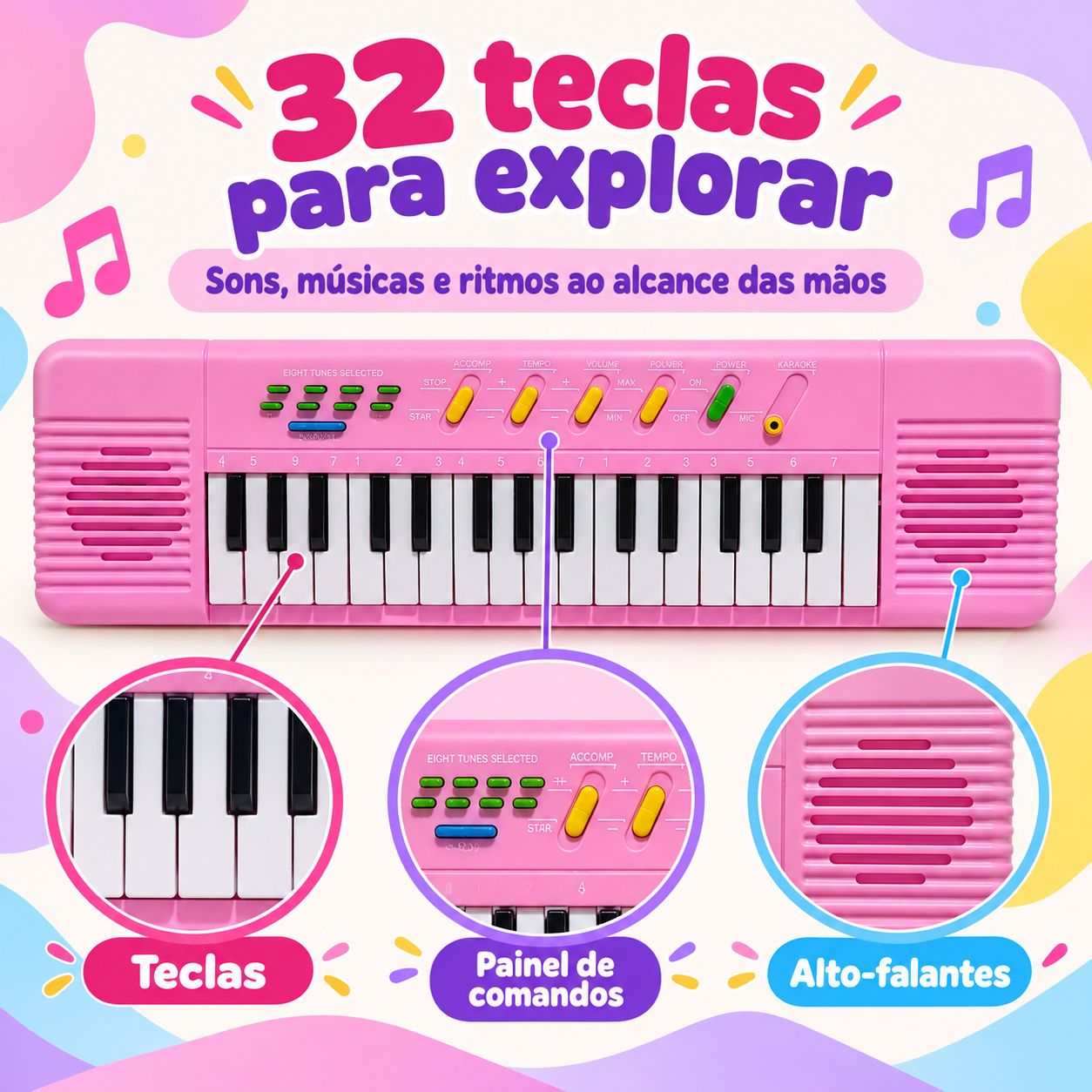 Teclado infantil rosa com 32 teclas para explorar sons e músicas