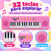 Teclado infantil rosa com 32 teclas para explorar sons e músicas