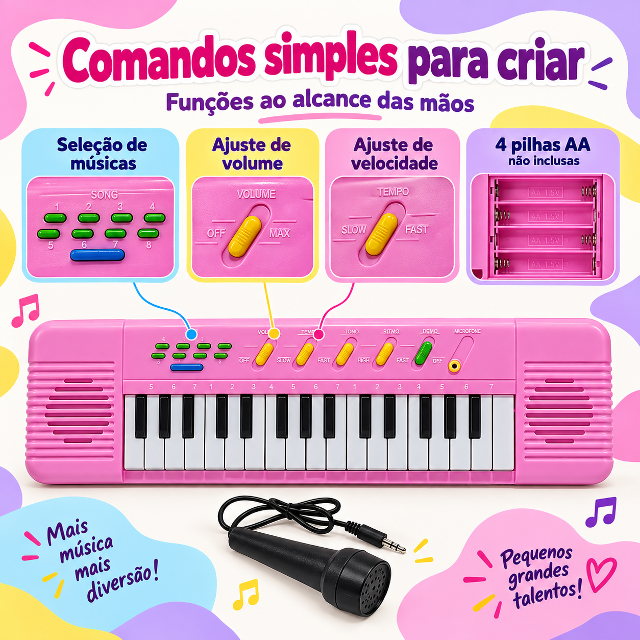 Comandos do teclado infantil para músicas volume e velocidade