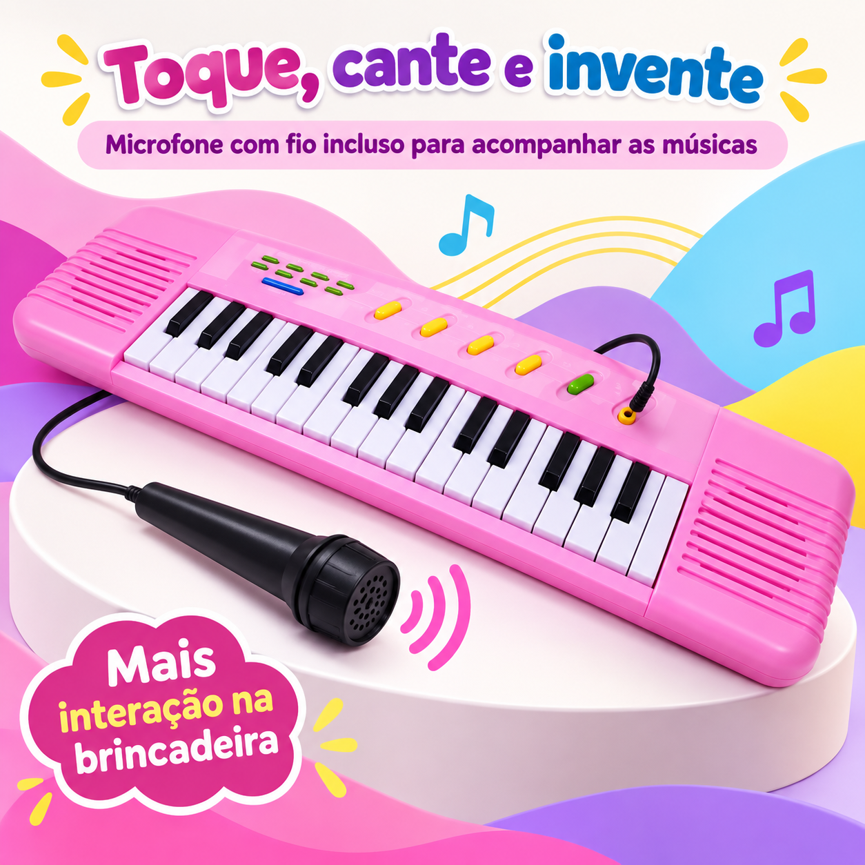 Teclado infantil rosa com microfone incluso para tocar e cantar