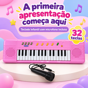 Teclado piano infantil rosa com 32 teclas e microfone