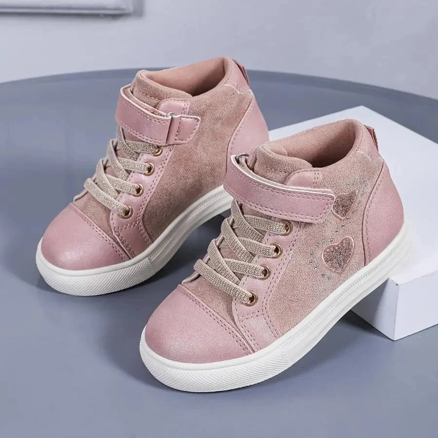 Tênis Cano Alto Infantil Feminino Sneaker Velcro Cadarço Glitter Coração Calçado Infantil 20 Kabannas Rosa 21 