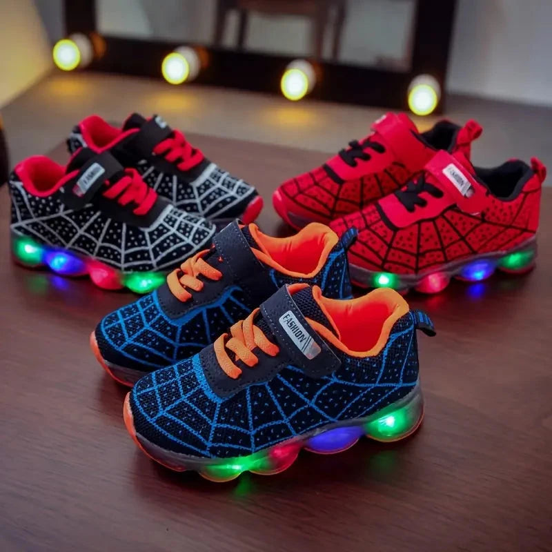 Tênis Infantil Luminoso Led Estampa Aranha Velcro Menino Cadarço Calçado Infantil 09 Kabannas 