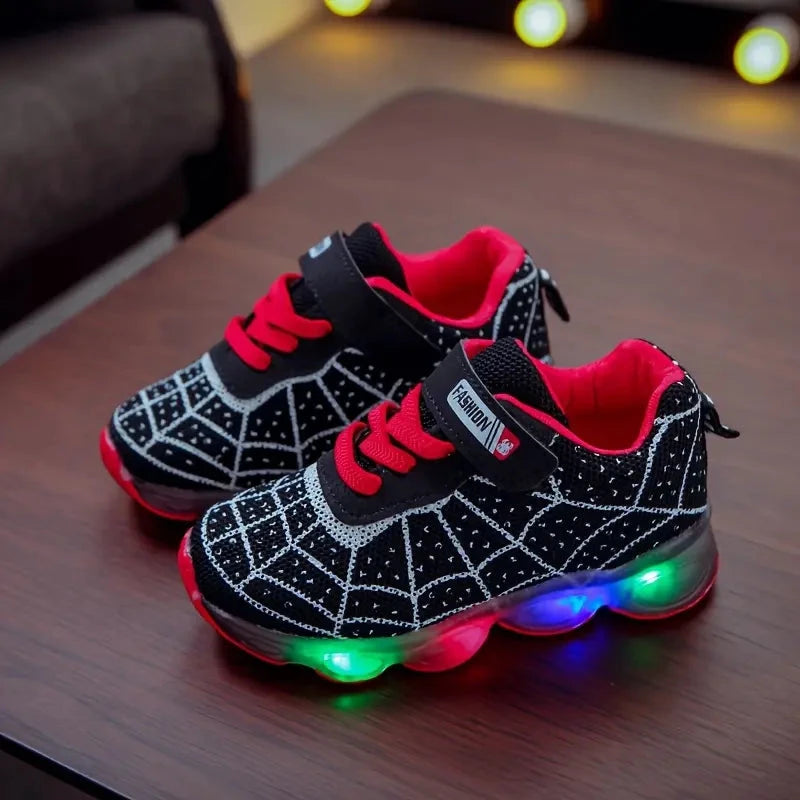 Tênis Infantil Luminoso Led Estampa Aranha Velcro Menino Cadarço Calçado Infantil 09 Kabannas Preto 21 