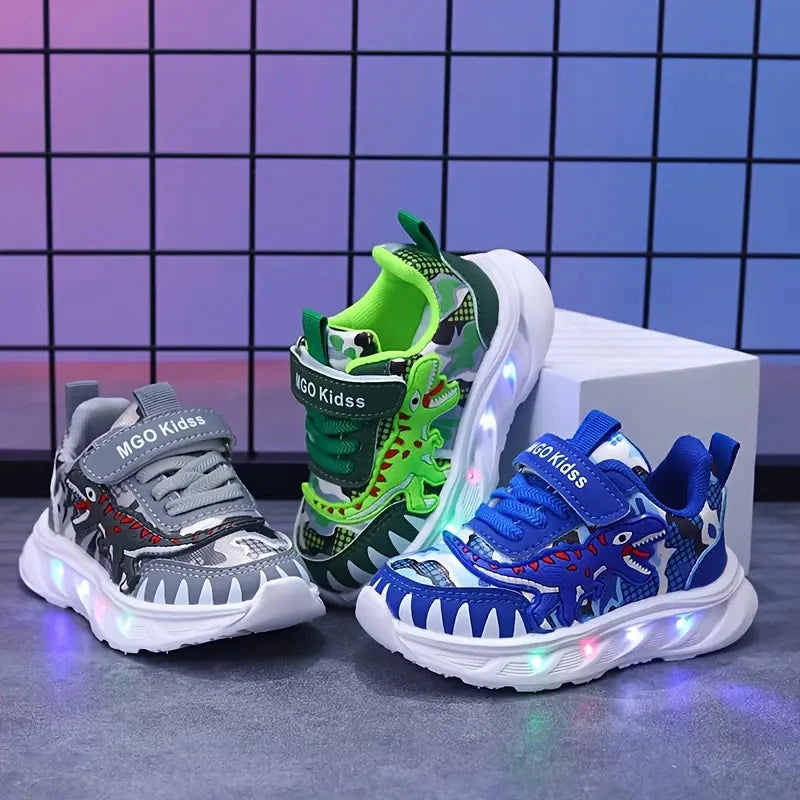 Tênis Infantil Masculino com Luz LED Estampa Dinossauro Velcro Calçado Infantil 14 Kabannas 