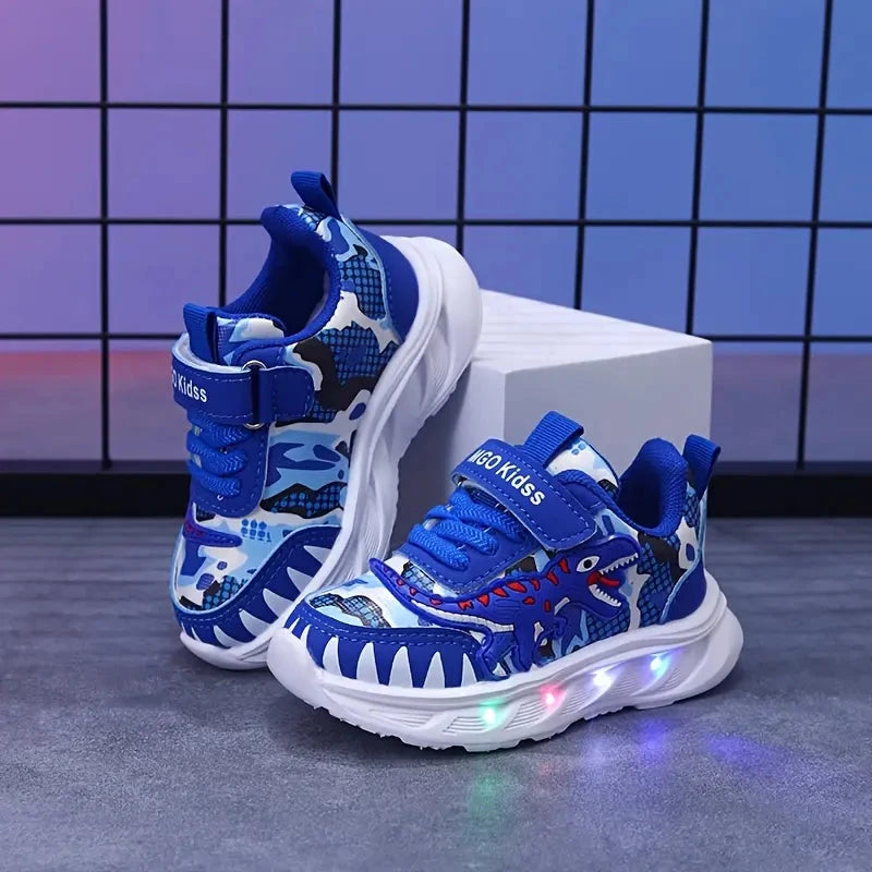 Tênis Infantil Masculino com Luz LED Estampa Dinossauro Velcro Calçado Infantil 14 Kabannas Azul 20 