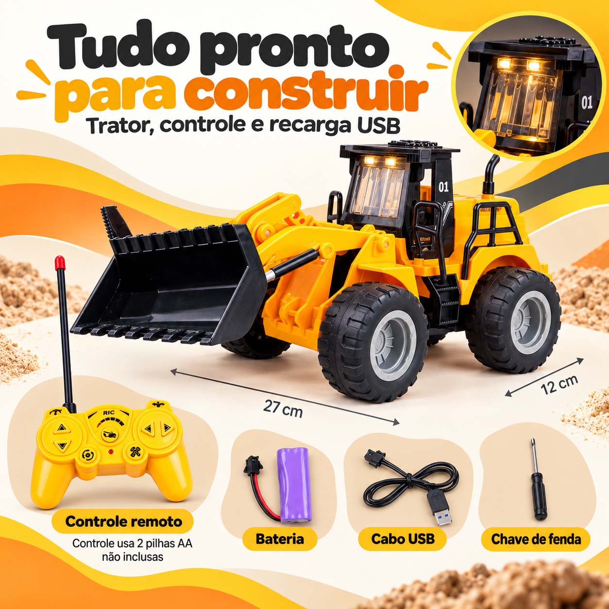 Trator controle bateria cabo USB e chave de fenda
