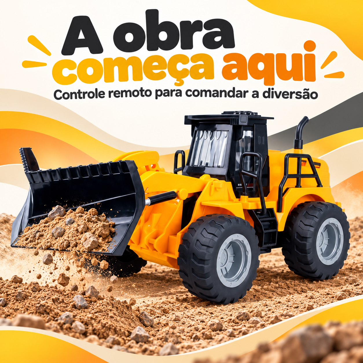 Trator pá carregadeira de controle remoto em canteiro de areia