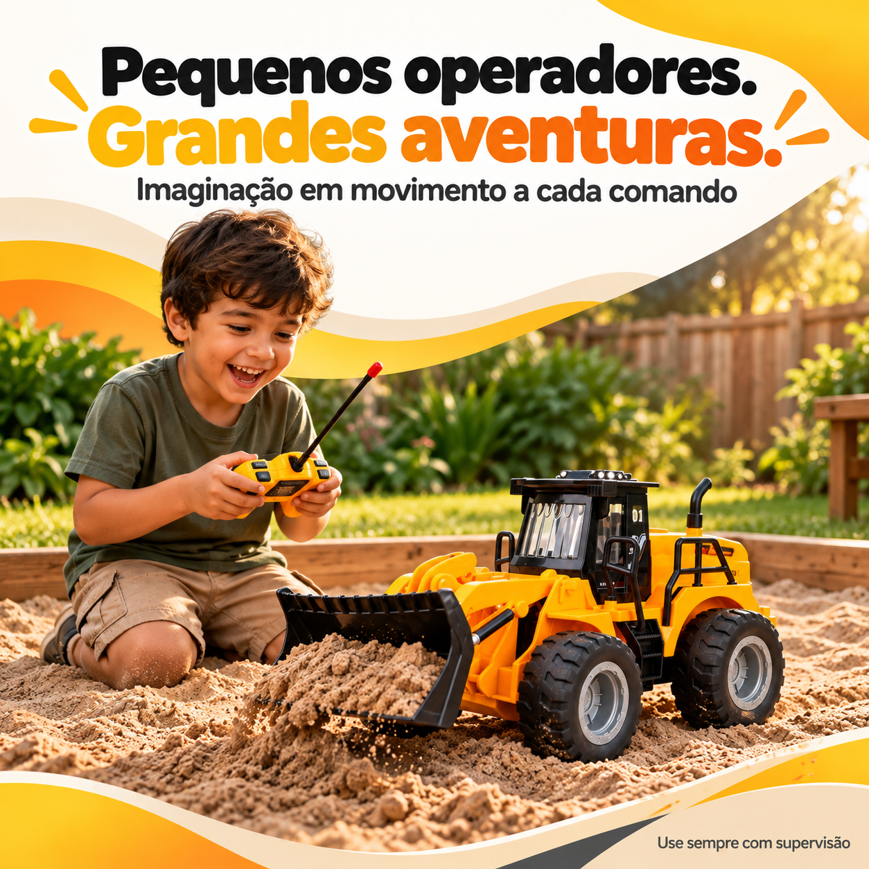 Criança brincando com trator pá carregadeira de controle remoto