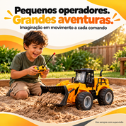 Criança brincando com trator pá carregadeira de controle remoto