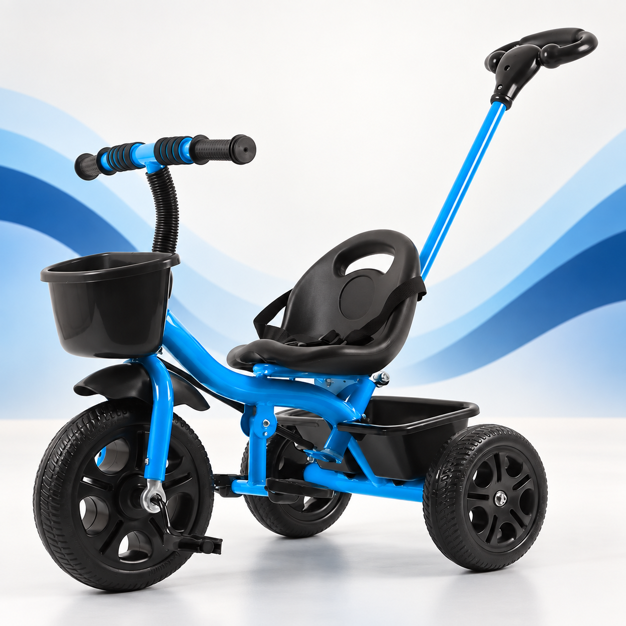 Triciclo infantil azul com empurrador