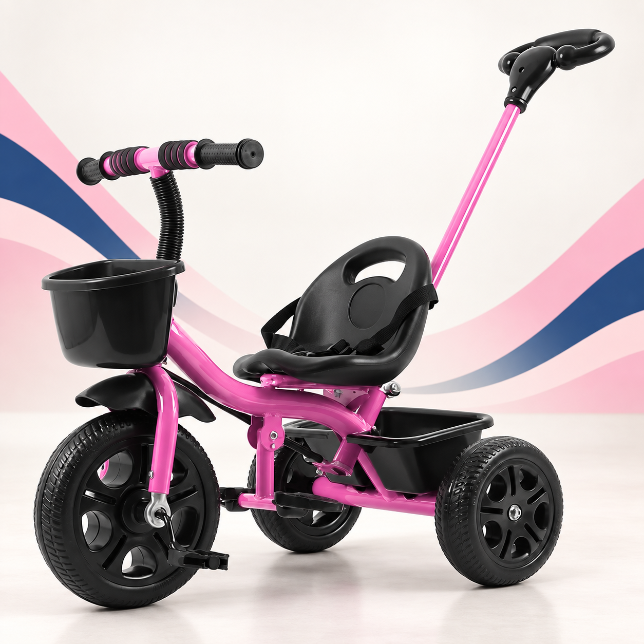Triciclo infantil rosa com empurrador