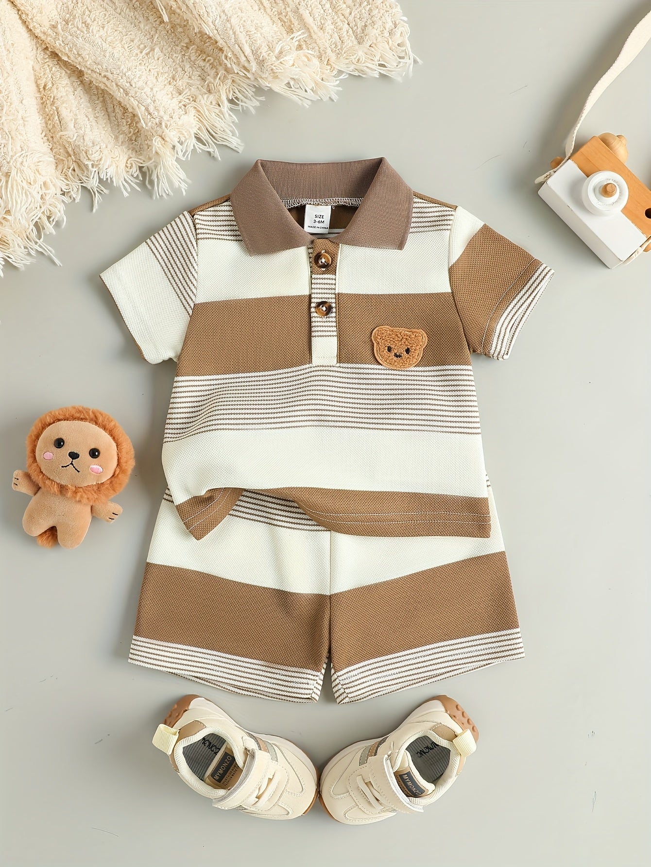 Conjunto 2 Peças Bebê Menino Polo Listrada Urso com Shorts