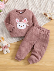 Conjunto Bebê Menina 2 Peças Moletom Texturizado Bordado Coelho com Laço e Calça