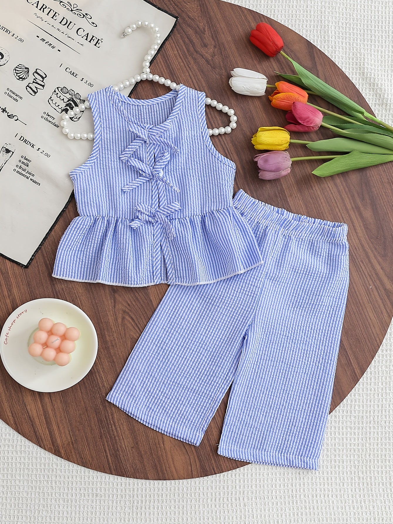 Conjunto Infantil Menina 2 Peças Blusa sem Manga com Laço e Calça Reta Listrada Seersucker