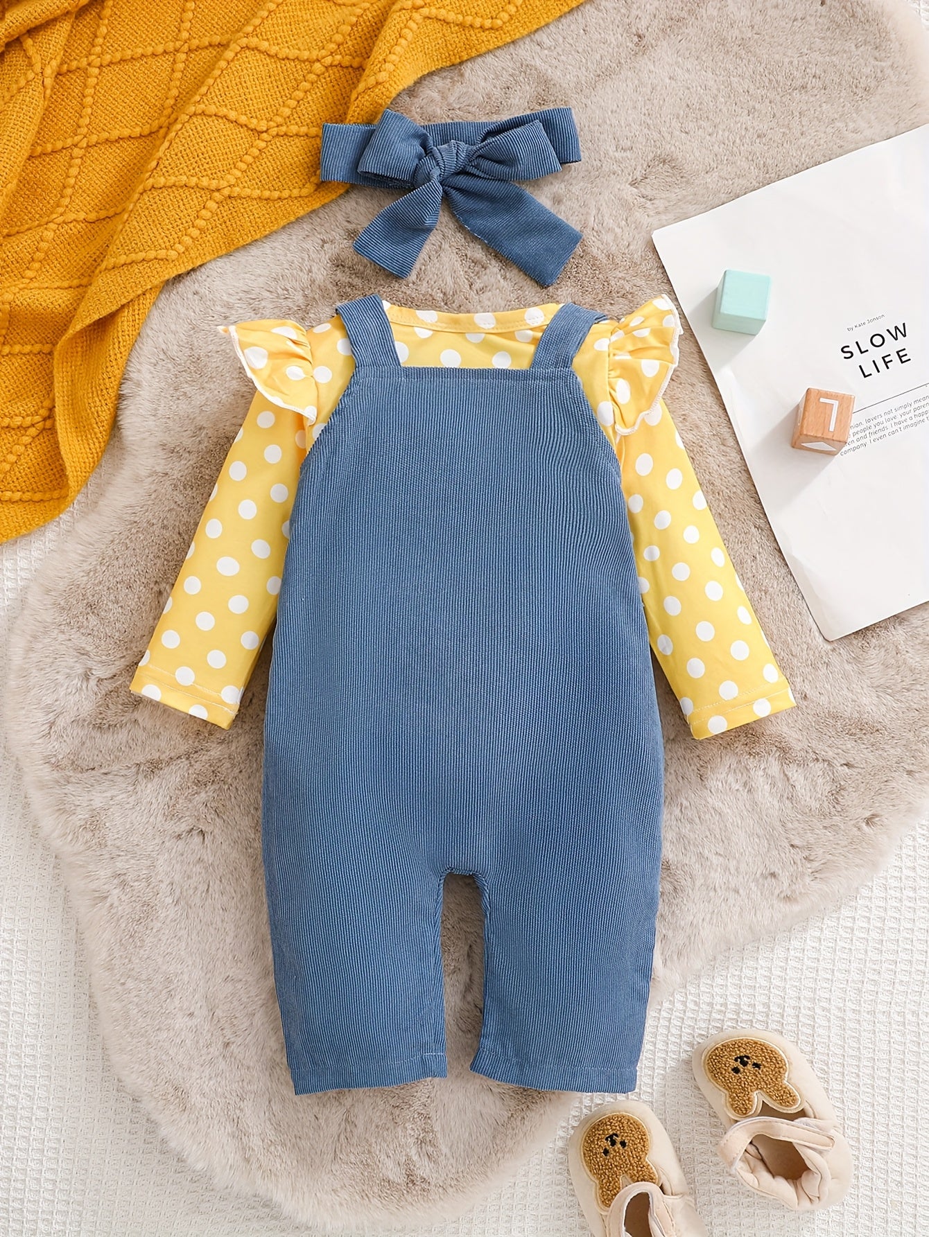 Conjunto 3 Peças Bebê Menina Body Manga Longa Bolinhas Jardineira Elefante com Faixa de Cabelo