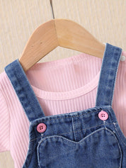 Conjunto Bebê Menina 2 Peças Jardineira Jeans Bordada Floral e Blusa Canelada Manga Longa