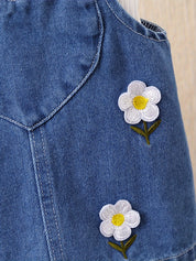 Conjunto Bebê Menina 2 Peças Jardineira Jeans Bordada Floral e Blusa Canelada Manga Longa