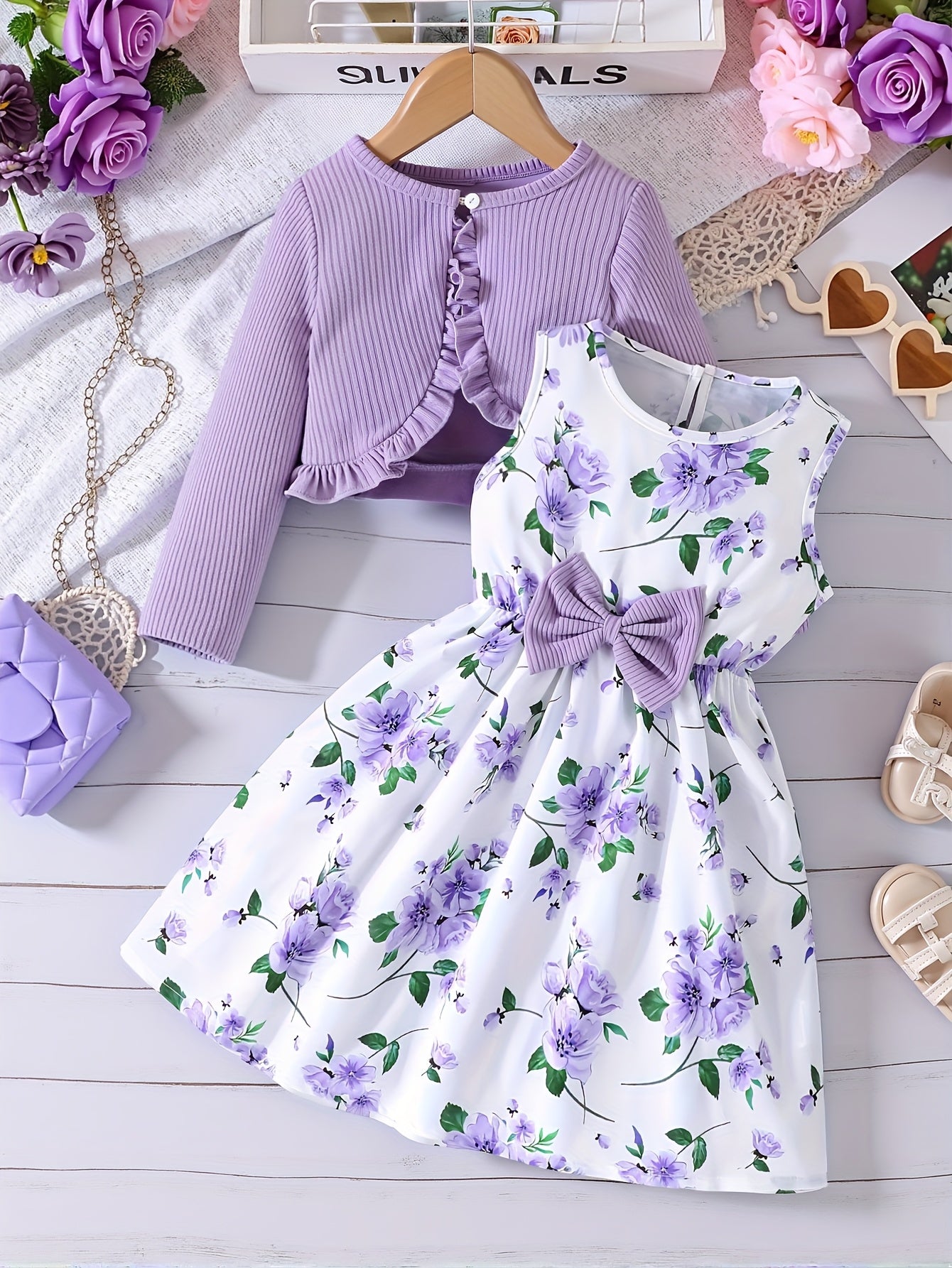 Conjunto Infantil Feminino 2 Peças Vestido Floral e Cardigã Canelado com Laço