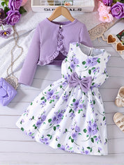Conjunto Infantil Feminino 2 Peças Vestido Floral e Cardigã Canelado com Laço