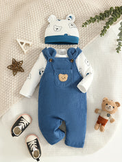 Conjunto Bebê Body Manga Longa com Jardineira Cotelê e Gorro Ursinho