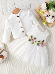 Conjunto 2 Peças Bebê Menina Vestido Tule Bordado Flores com Casaco Canelado
