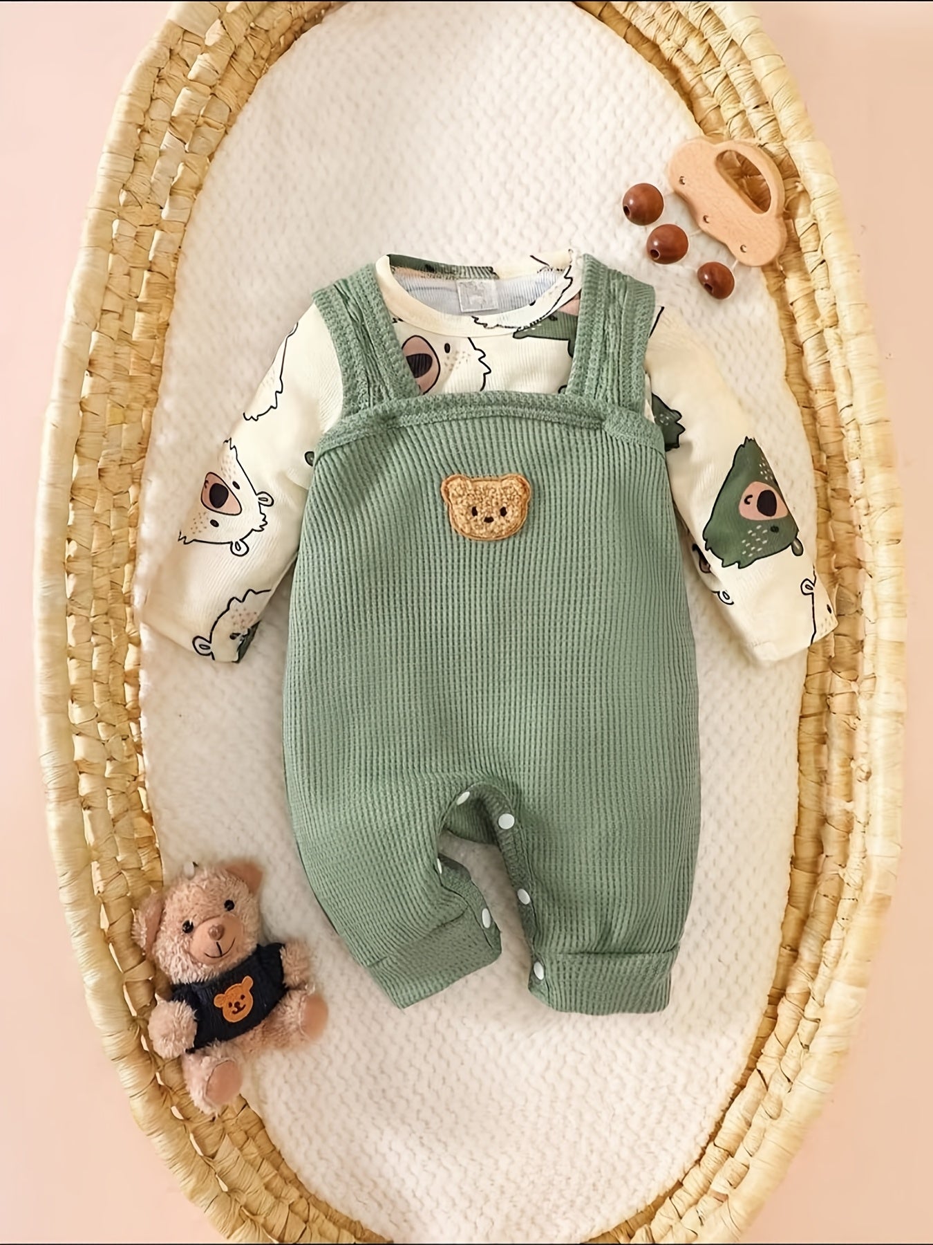 Conjunto 2 Peças Bebê Menino Body Manga Longa e Jardineira Canelada Urso