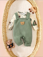 Conjunto 2 Peças Bebê Menino Body Manga Longa e Jardineira Canelada Urso