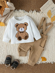 Conjunto 2 Peças Bebê Menino Camiseta Manga Longa Urso e Calça Suspensória