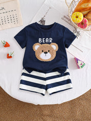 Conjunto 2 Peças Bebê Menino Camiseta Manga Curta Urso e Shorts Listrado