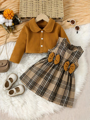 Conjunto 2 Peças Bebê Menina Vestido Xadrez e Casaco Curto Fleece