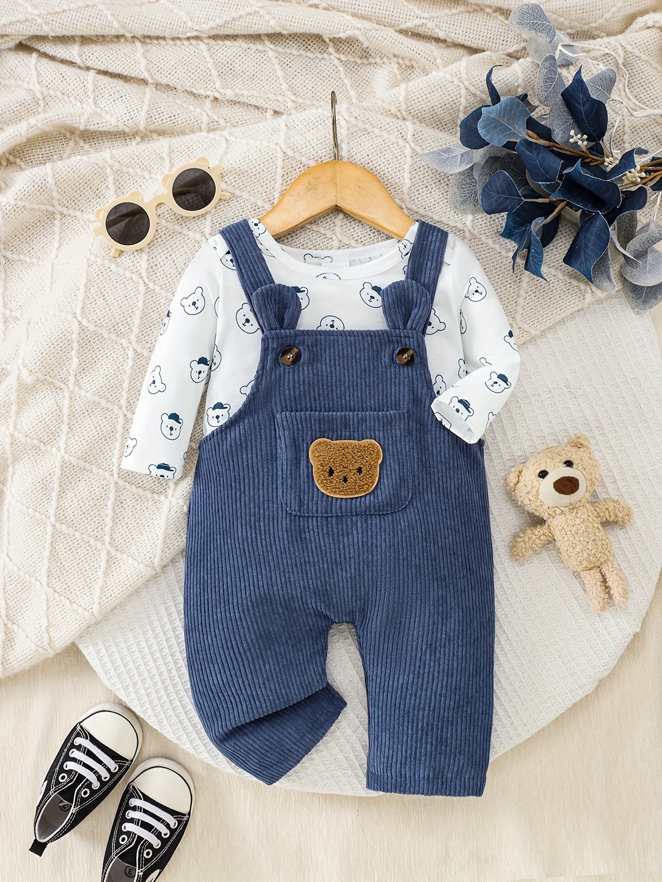 Conjunto Bebê Menino 2 Peças Camiseta Manga Longa Urso e Jardineira Bombazine