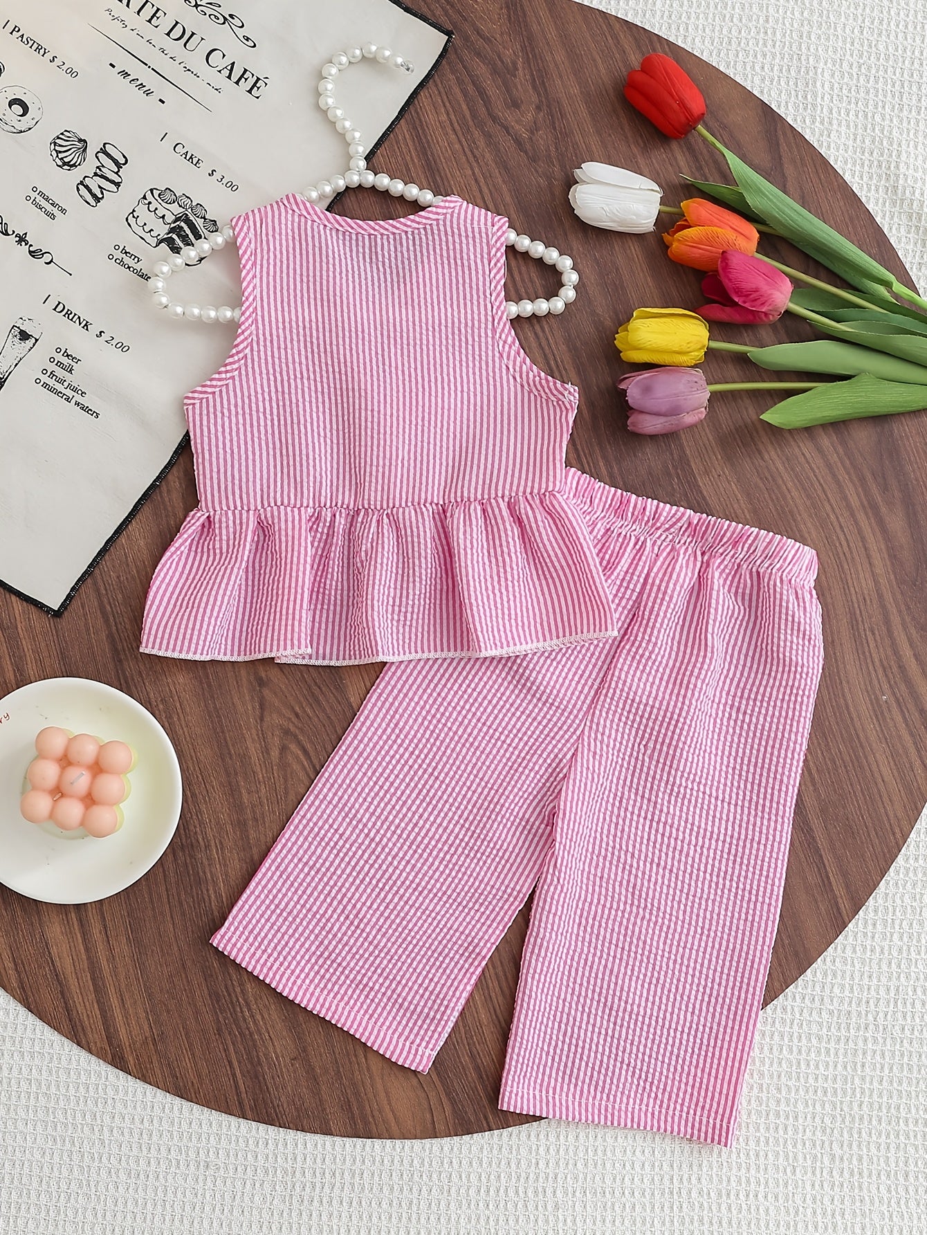 Conjunto Infantil Menina 2 Peças Blusa sem Manga com Laço e Calça Reta Listrada Seersucker
