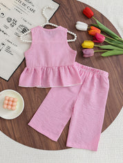 Conjunto Infantil Menina 2 Peças Blusa sem Manga com Laço e Calça Reta Listrada Seersucker