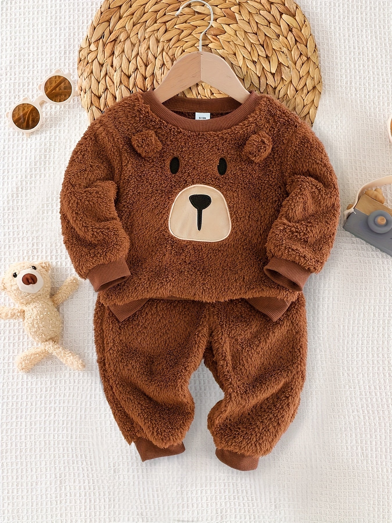 Conjunto 2 Peças Bebê Menino Moletom Pelúcia Urso e Calça Cintura Elástica