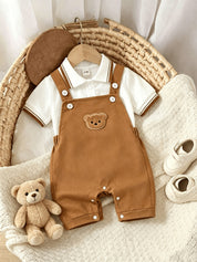 Conjunto 2 Peças Bebê Menino Body Polo e Macacão Suspensório Urso