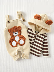 Conjunto Bebê 2 Peças Jardineira Urso Peluciado com Blusa Capuz Orelhas 3D