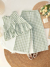 Conjunto 2 Peças Bebê Menina Regata com Folhos e Calça Wide Leg Xadrez